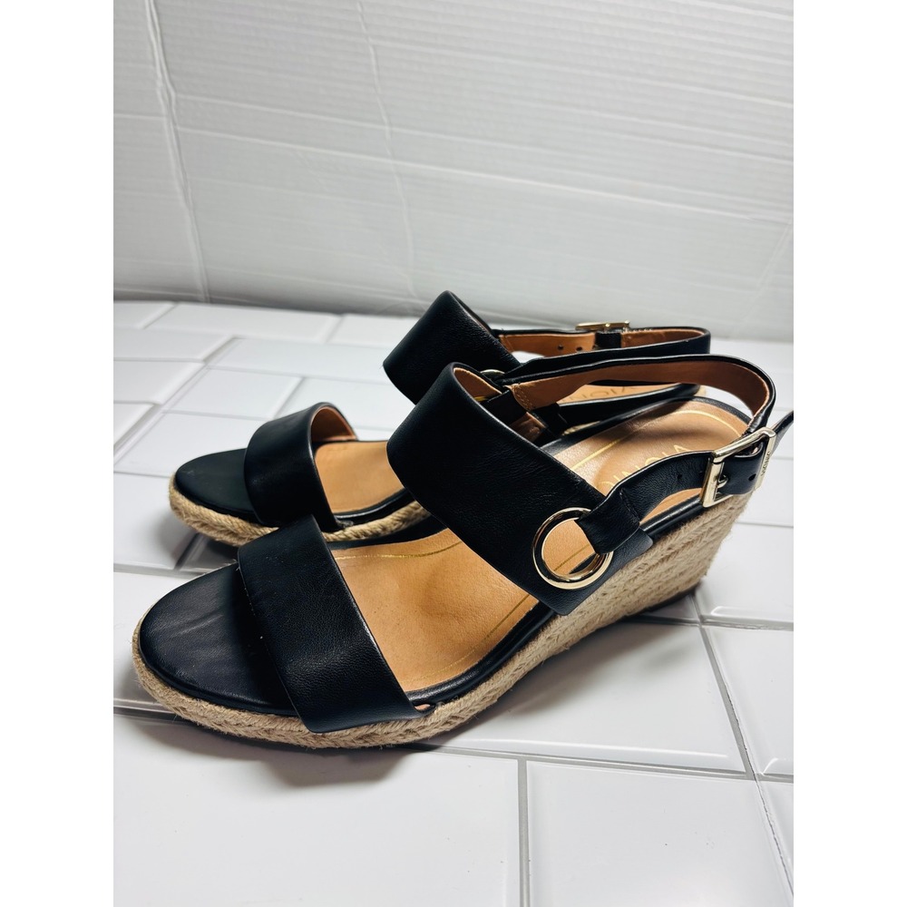 Vionic Tulum Vero Espadrilles Wedge Sandals Black Leather Jute Size 8 - Picture 6 of 13